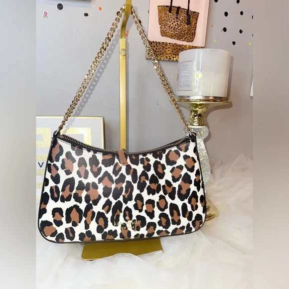 2FER NWOT Kate Spade Pochette Spotted Leopard Shoulder Bag with Gold Chain - Picture 5 of 8